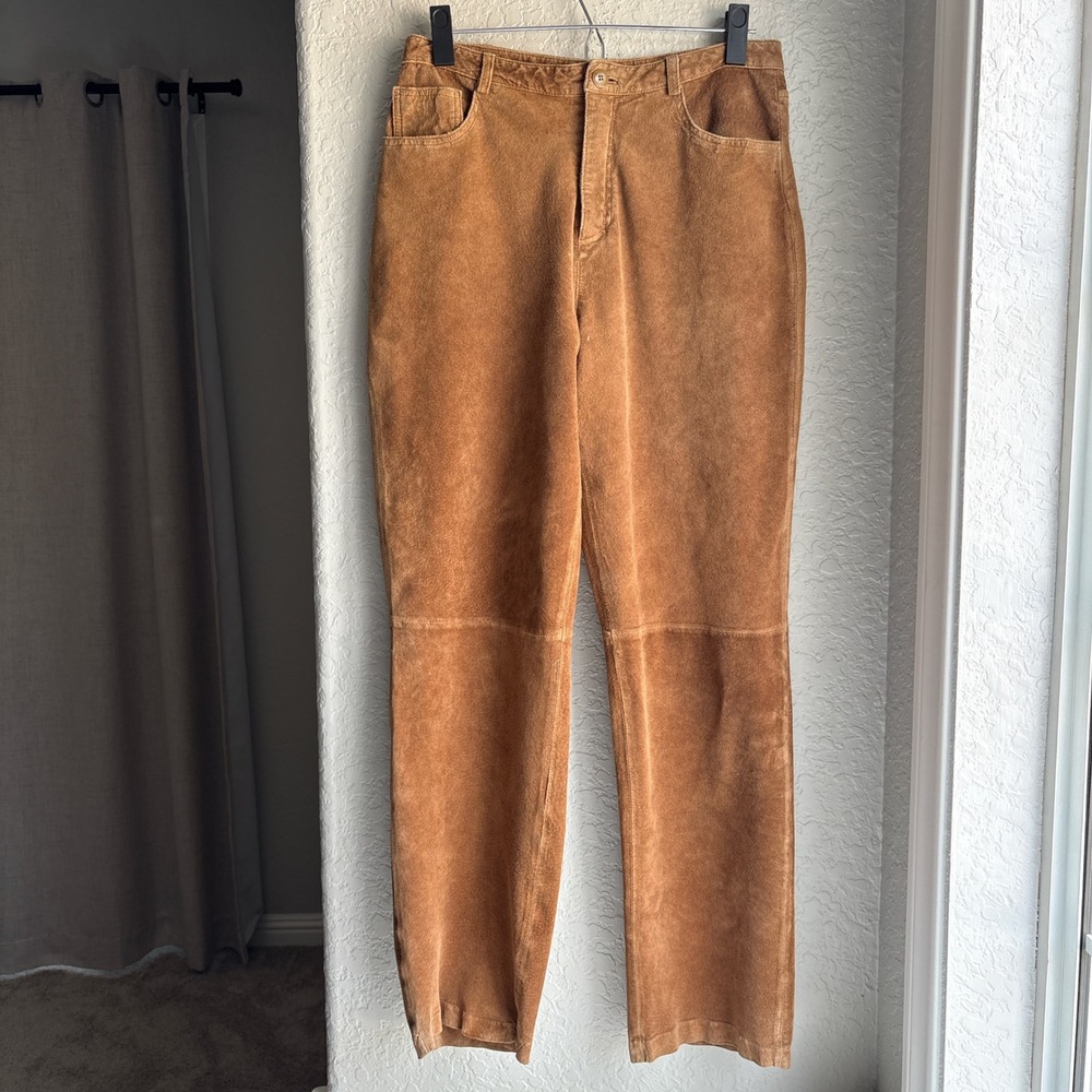 Nordstrom Women 10 Pants Y2K 90s Suede Genuine Leather Brown Straight Leg‎ Camel
